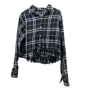 River Trail Black Blue White Plaid Ruffled Button Down Shirt Women's Size Large